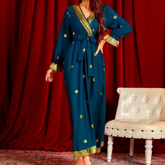 NWOT GORGEOUS Surplice Front India Saree Style Belted Maxi Teal Gold Dress - Picture 3 of 6